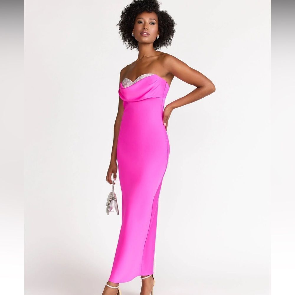 Lena Vibrant Pink Strapless Cowl Gown with Silver Trim